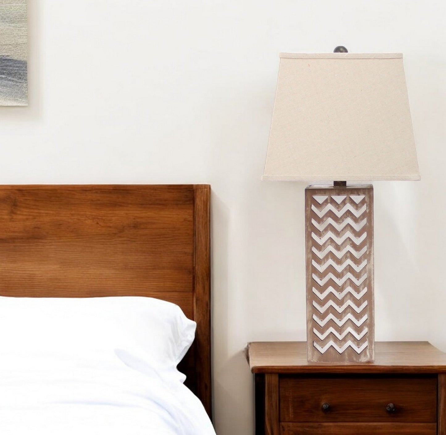 28" Distressed Natural And Silver Metal Bedside Lamp With Beige Cone Shade