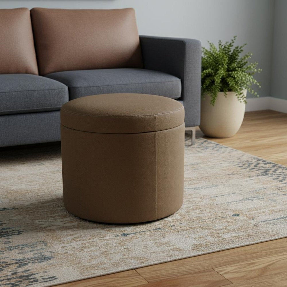 1" Tan Faux Leather Round Storage