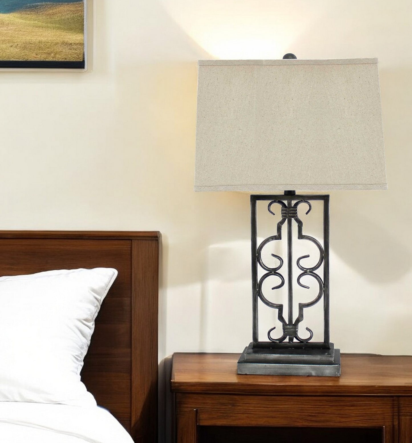 29" Distressed Gray Metal Bedside Lamp With Beige Shade