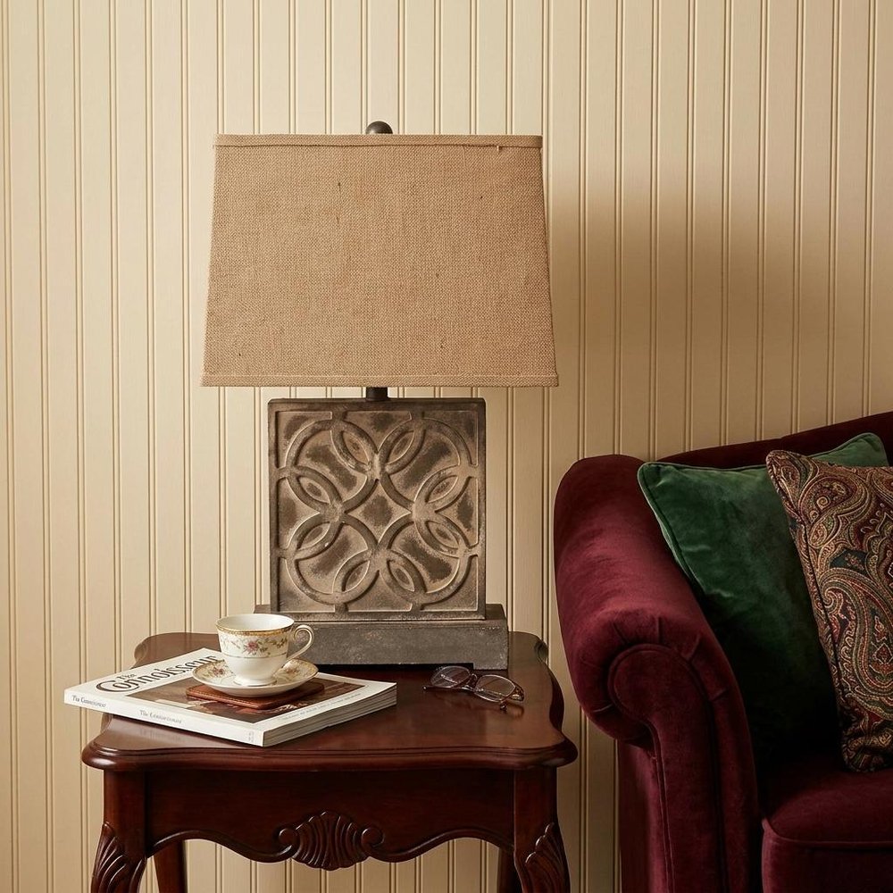25" Distressed Brown Metal Bedside Lamp With Khaki Shade