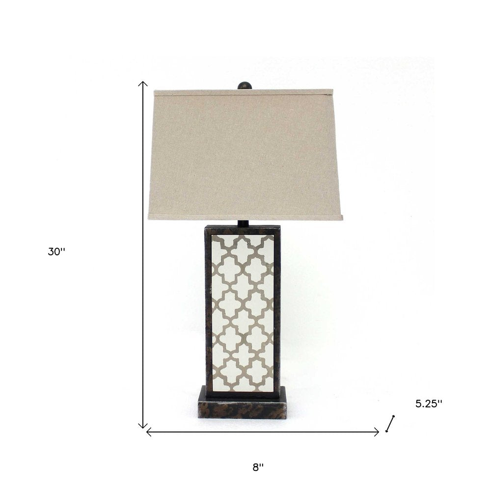 30" Distressed Bronze Metal Bedside Lamp With Beige Shade