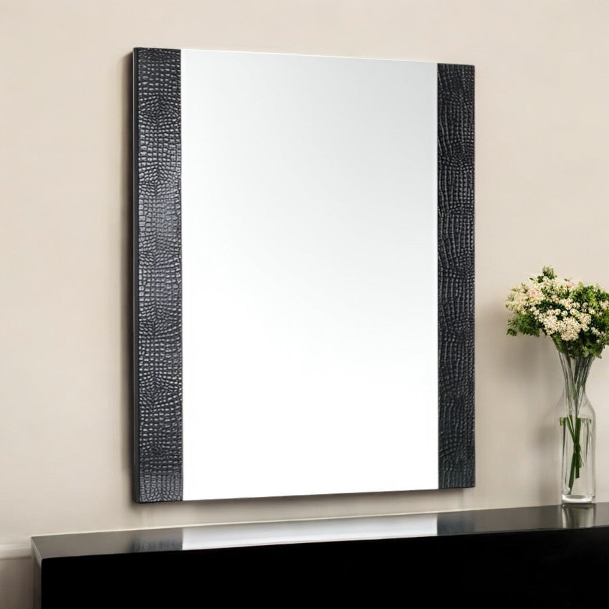 41" Black Faux Shagreen Partially Framed Accent Mirror