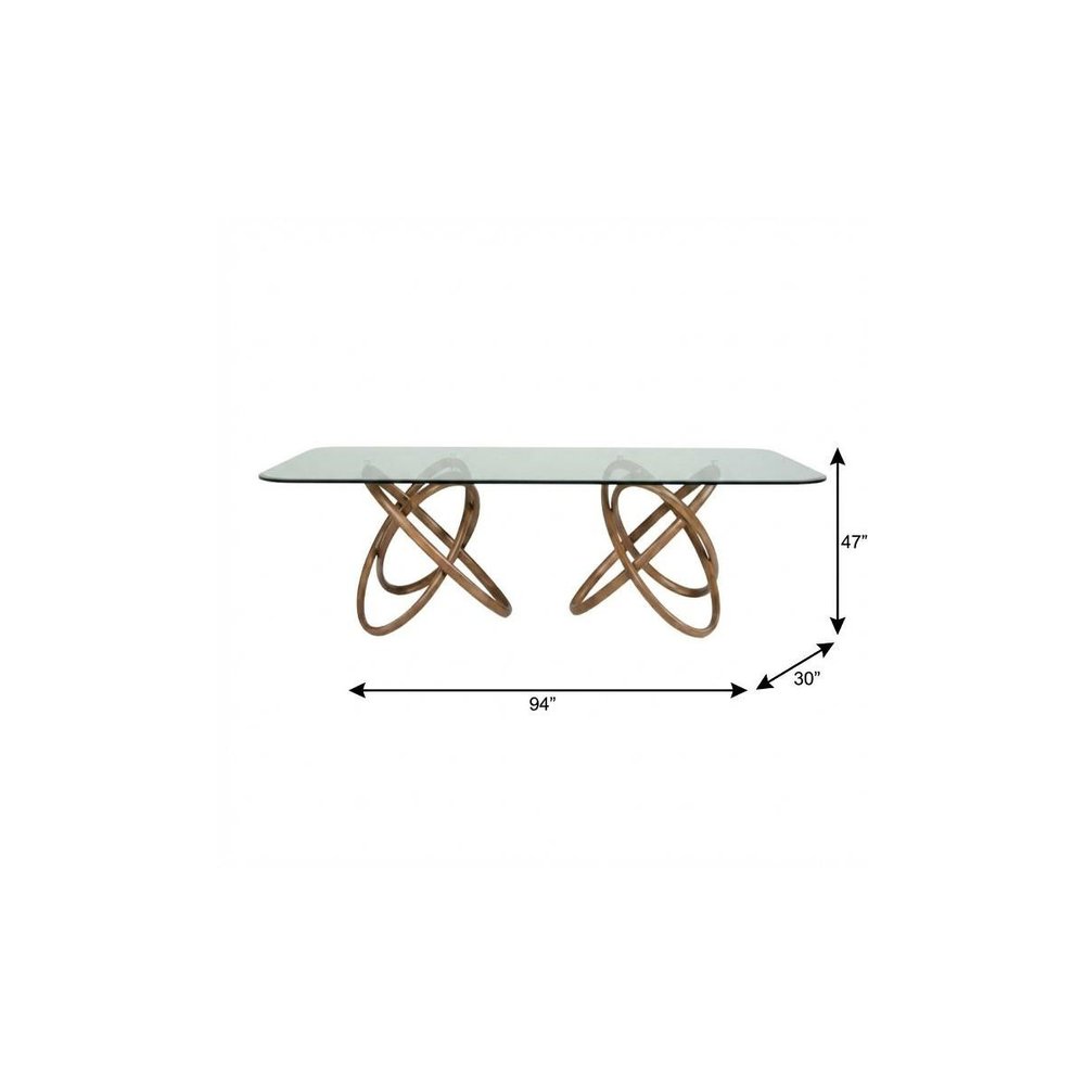94" Clear And Natural Glass And Solid Wood Pedestal Base Dining Table