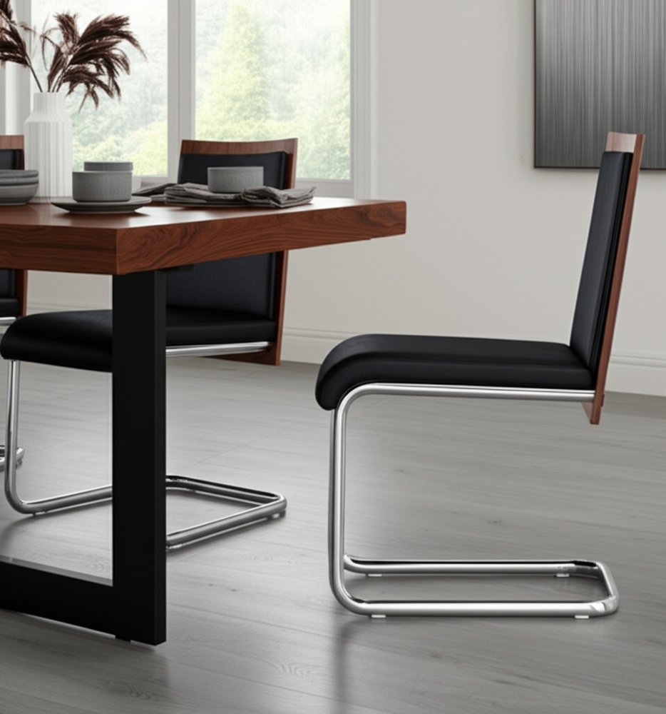 Set of Two Black and Silver Upholstered Faux Leather Dining Parsons Chairs