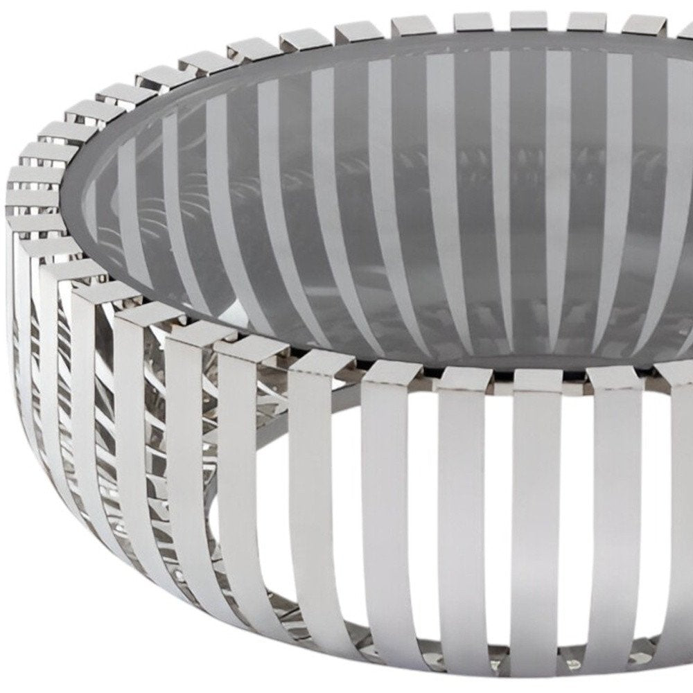 39" Clear and Silver Glass And Stainless Steel Round Abstract Coffee Table
