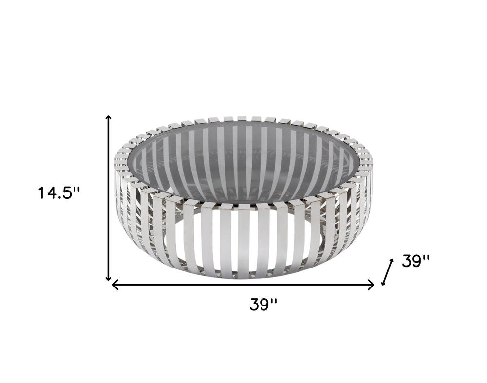 39" Clear and Silver Glass And Stainless Steel Round Abstract Coffee Table