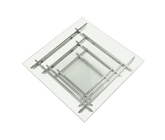 39" Clear and Silver Glass And Stainless Steel Square Sled Coffee Table With Shelf