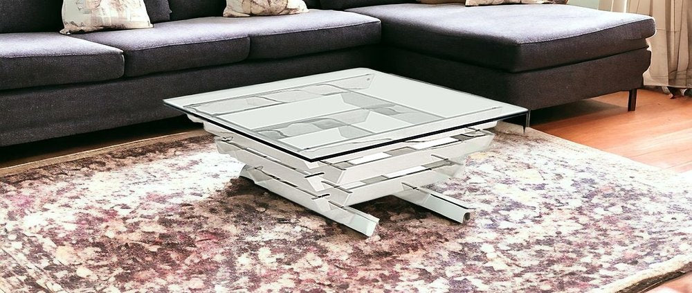 39" Clear and Silver Glass And Stainless Steel Square Sled Coffee Table With Shelf