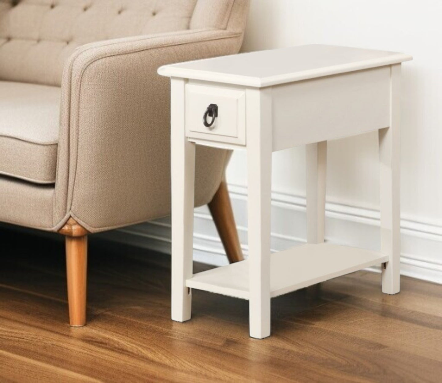 23" White Solid Wood End Table With Drawer And Shelf