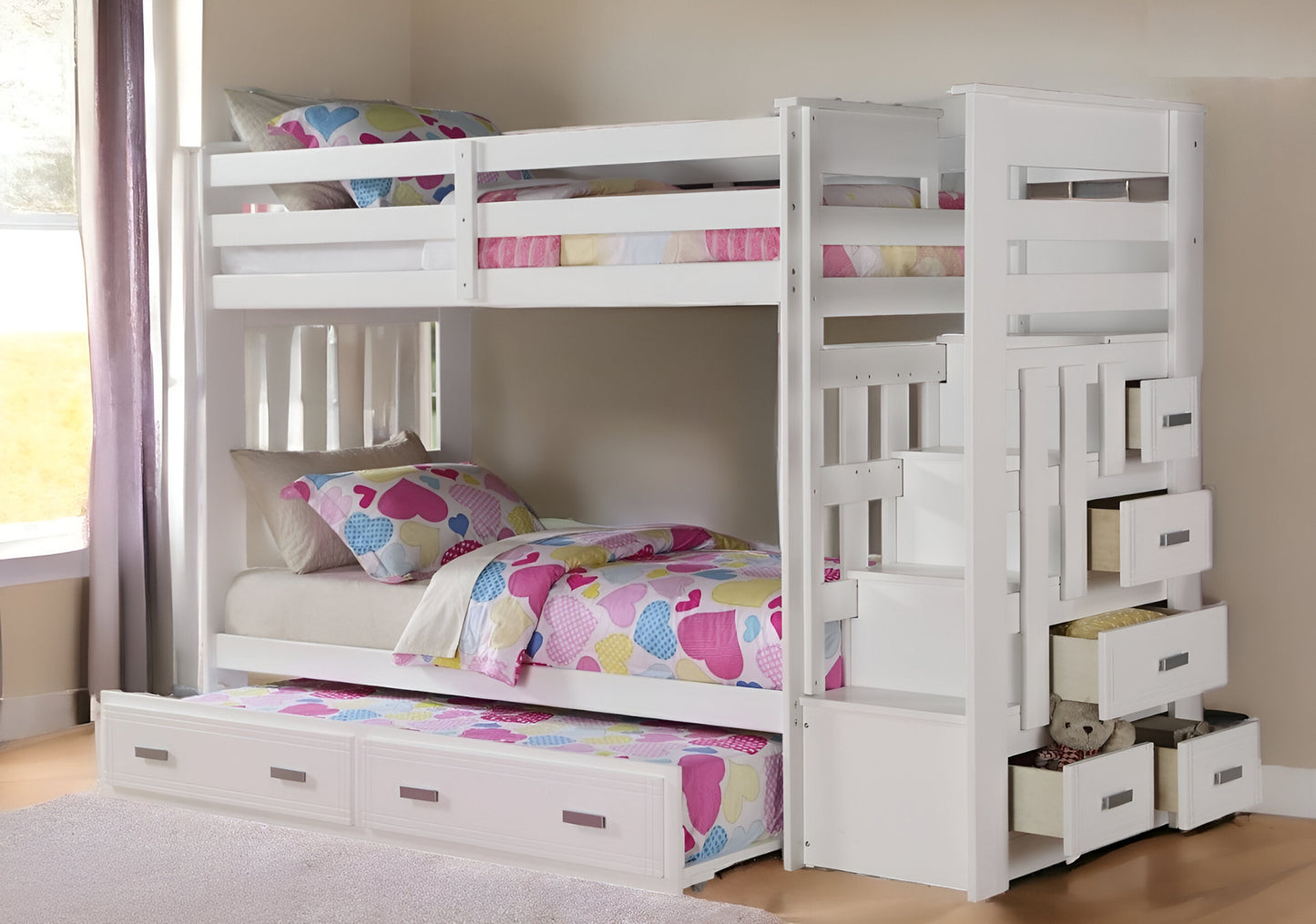 97" X 43" X 68" Twin Over Twin White Storage Ladder And Trundle Bunk Bed