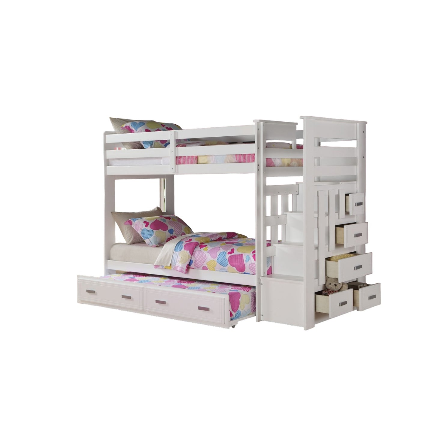 97" X 43" X 68" Twin Over Twin White Storage Ladder And Trundle Bunk Bed