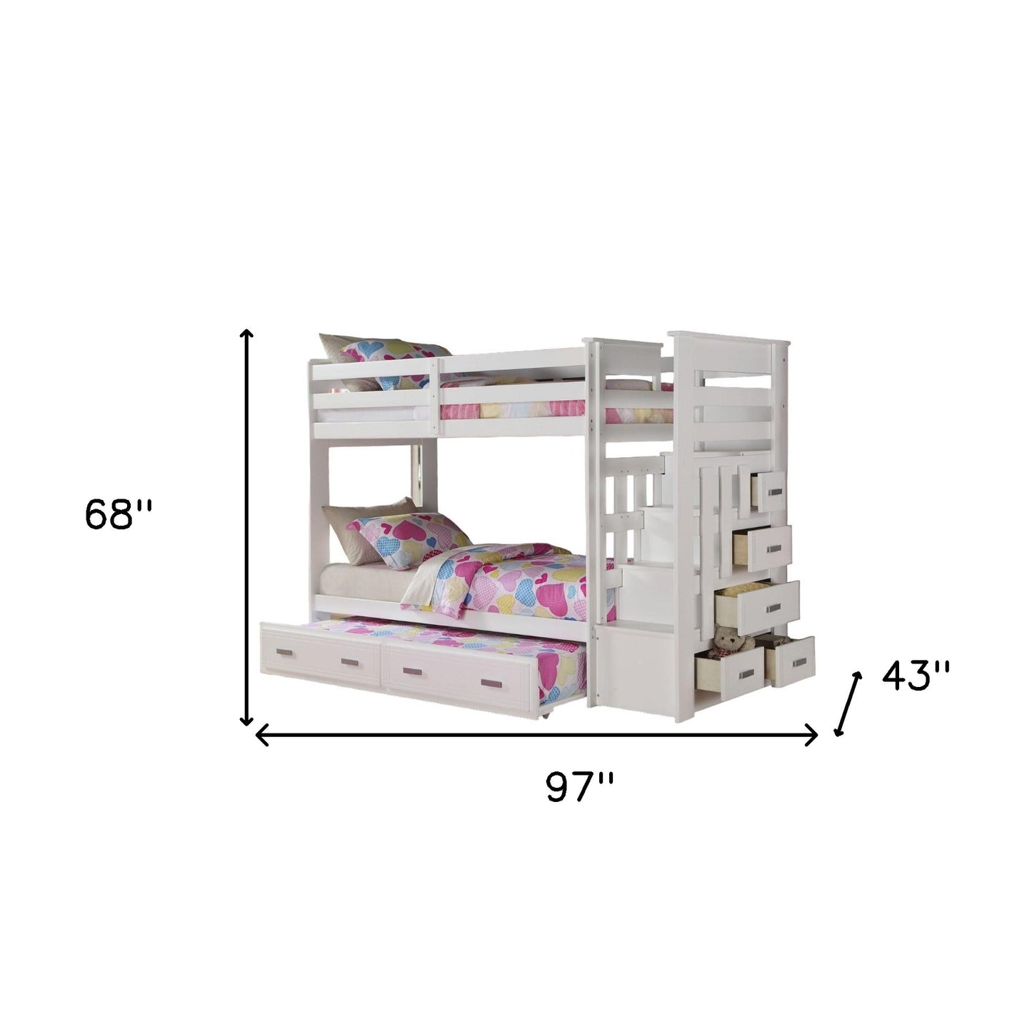 97" X 43" X 68" Twin Over Twin White Storage Ladder And Trundle Bunk Bed
