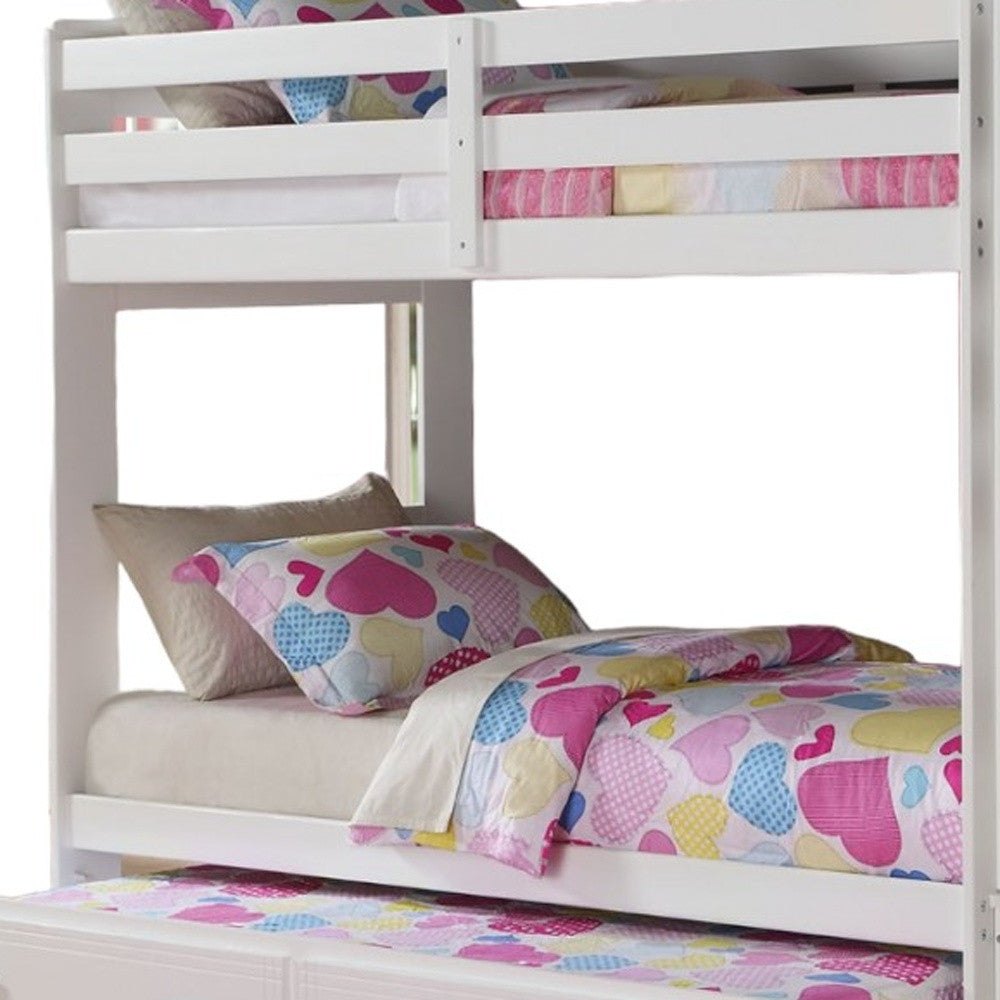 97" X 43" X 68" Twin Over Twin White Storage Ladder And Trundle Bunk Bed