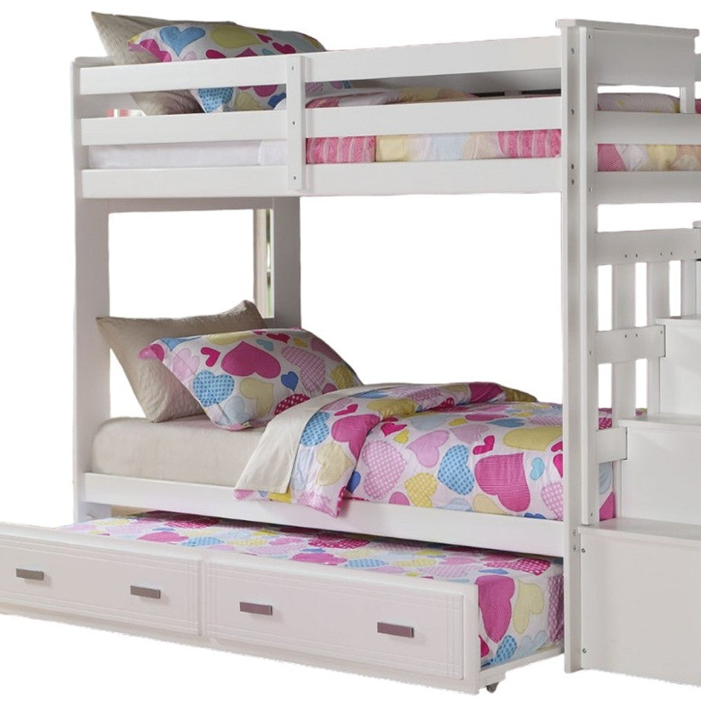 97" X 43" X 68" Twin Over Twin White Storage Ladder And Trundle Bunk Bed