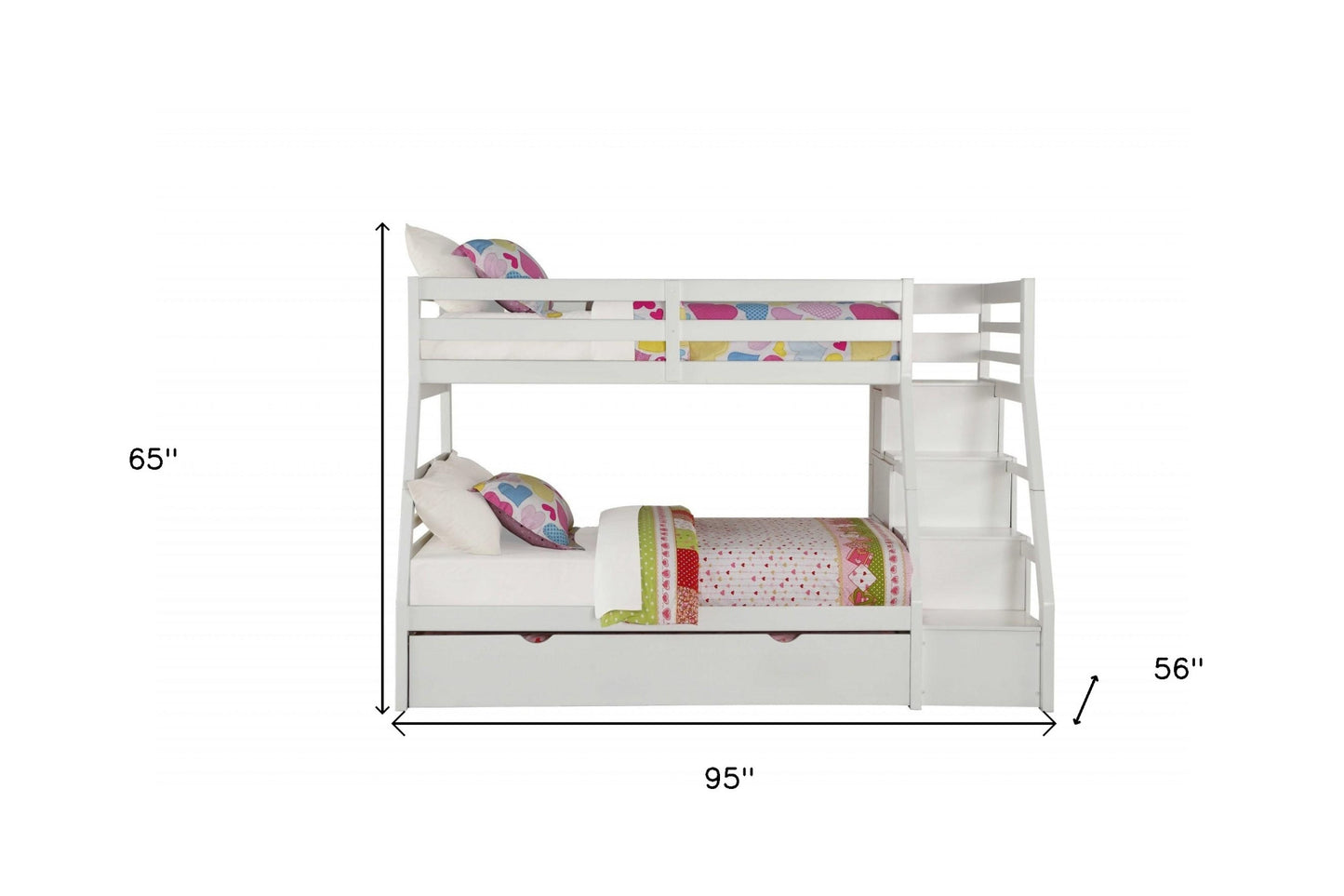 95" X 56" X 65" Twin Over Full White Storage Ladder And Trundle Bunk Bed