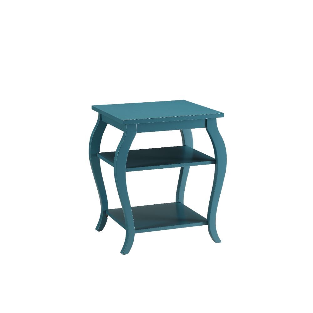 23" Teal Blue Wood Bow Leg End Table With Two Shelves