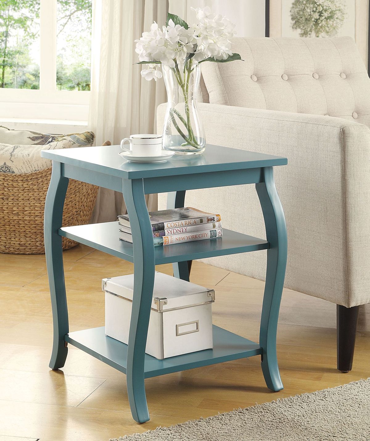 23" Teal Blue Wood Bow Leg End Table With Two Shelves