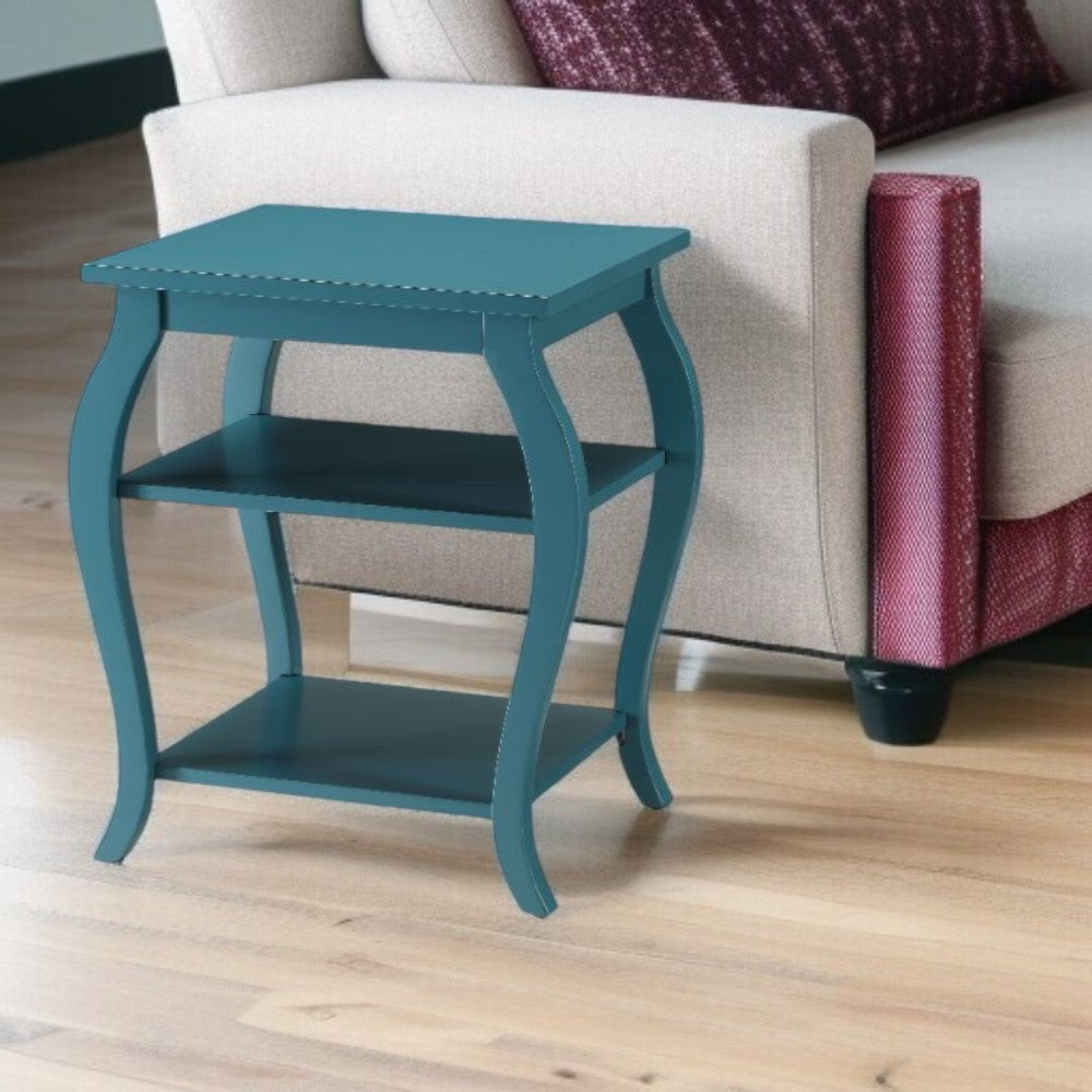 23" Teal Blue Wood Bow Leg End Table With Two Shelves