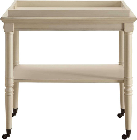 30" Antiqued White Wood Rolling Bar Cart