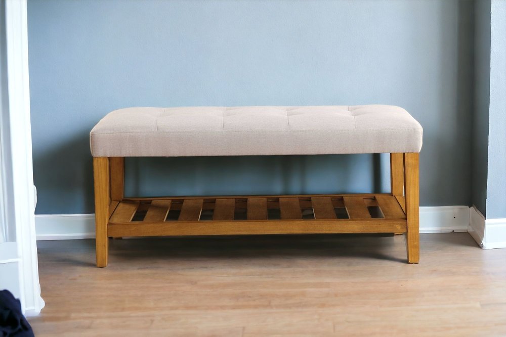 40" Blue and Brown Tufted Fabric Upholstered Storage Bench with Shelves