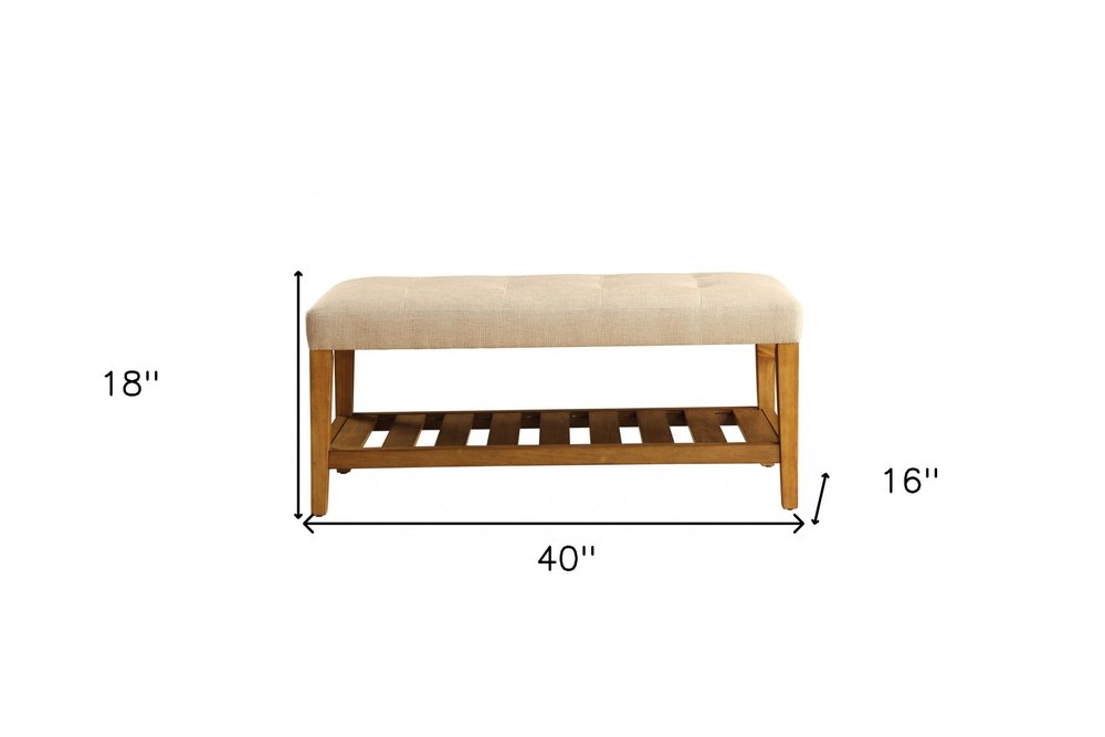 40" Blue and Brown Tufted Fabric Upholstered Storage Bench with Shelves