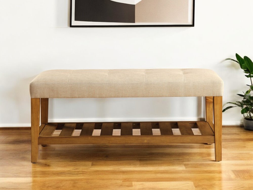 40" Blue and Brown Tufted Fabric Upholstered Storage Bench with Shelves
