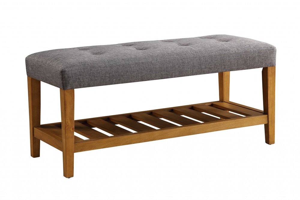 40" Blue and Brown Tufted Fabric Upholstered Storage Bench with Shelves