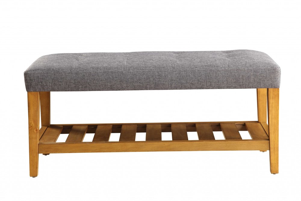 40" Blue and Brown Tufted Fabric Upholstered Storage Bench with Shelves