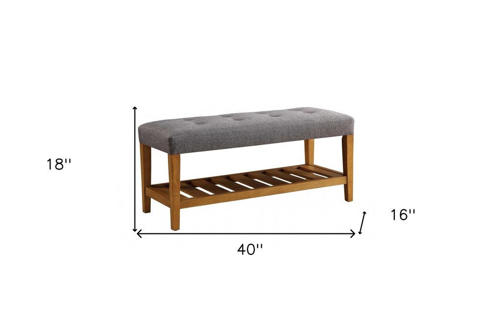 40" Blue and Brown Tufted Fabric Upholstered Storage Bench with Shelves