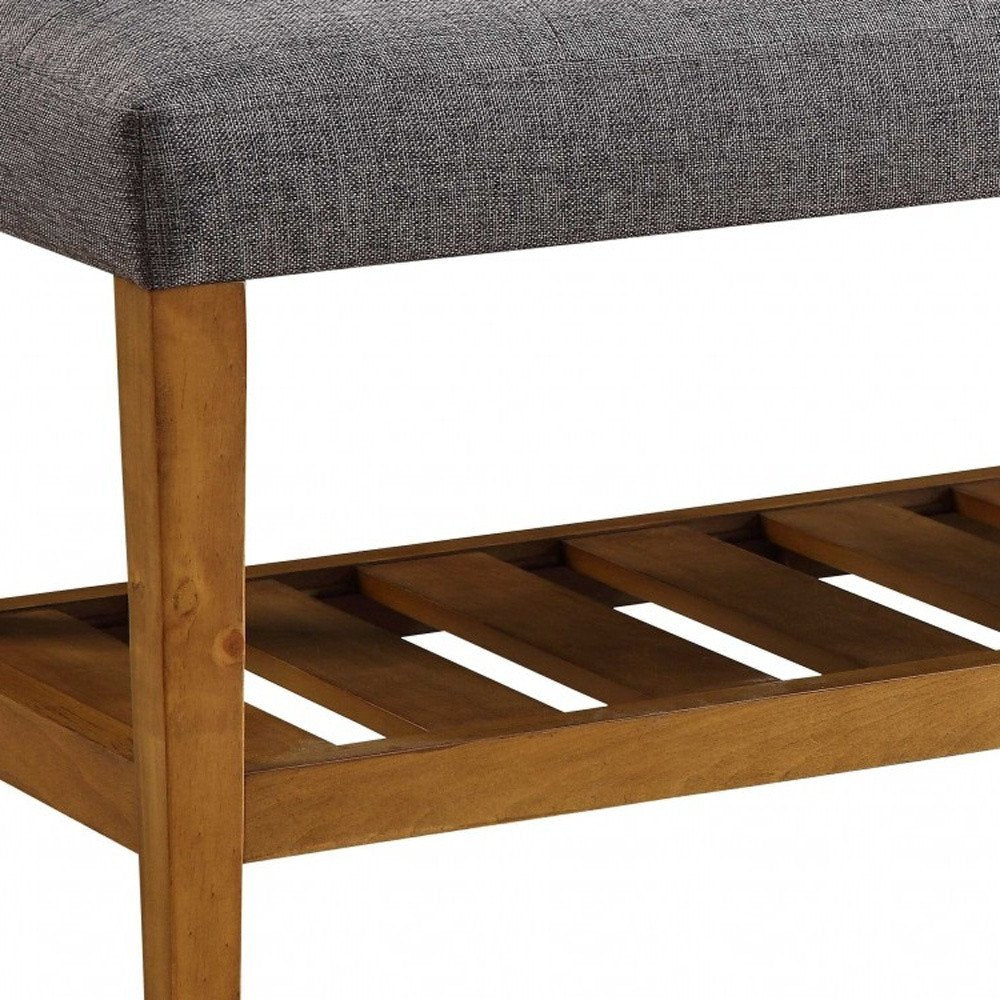 40" Blue and Brown Tufted Fabric Upholstered Storage Bench with Shelves