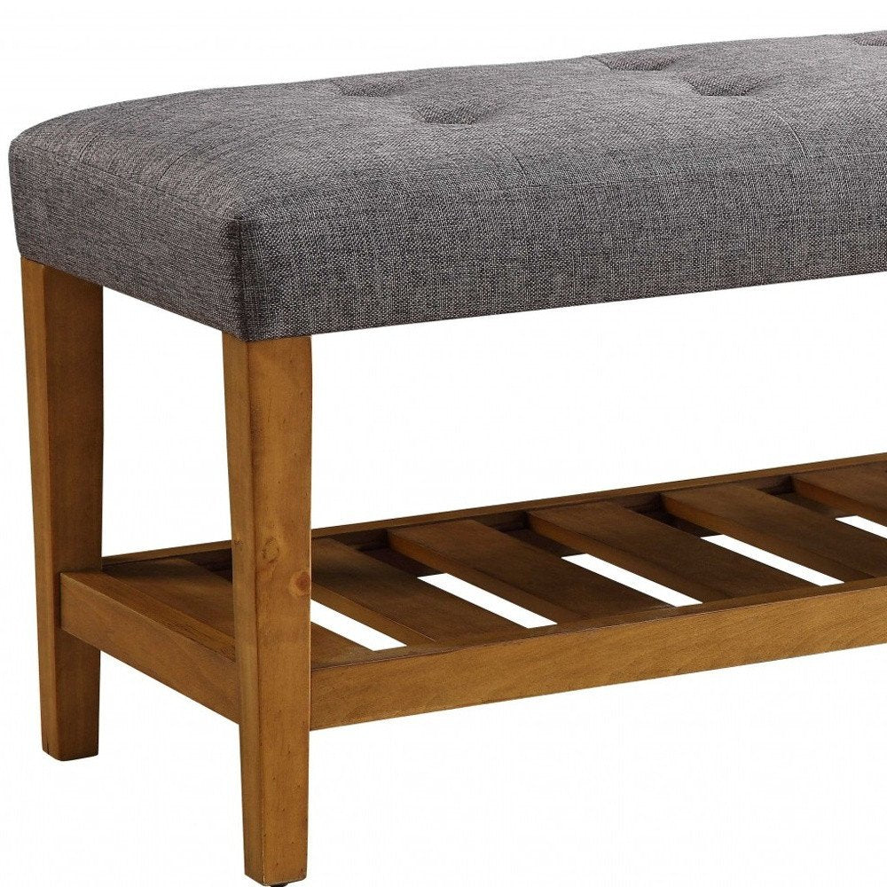 40" Blue and Brown Tufted Fabric Upholstered Storage Bench with Shelves