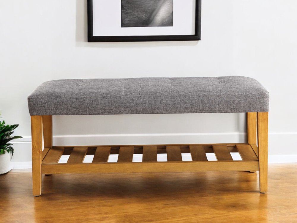 40" Blue and Brown Tufted Fabric Upholstered Storage Bench with Shelves