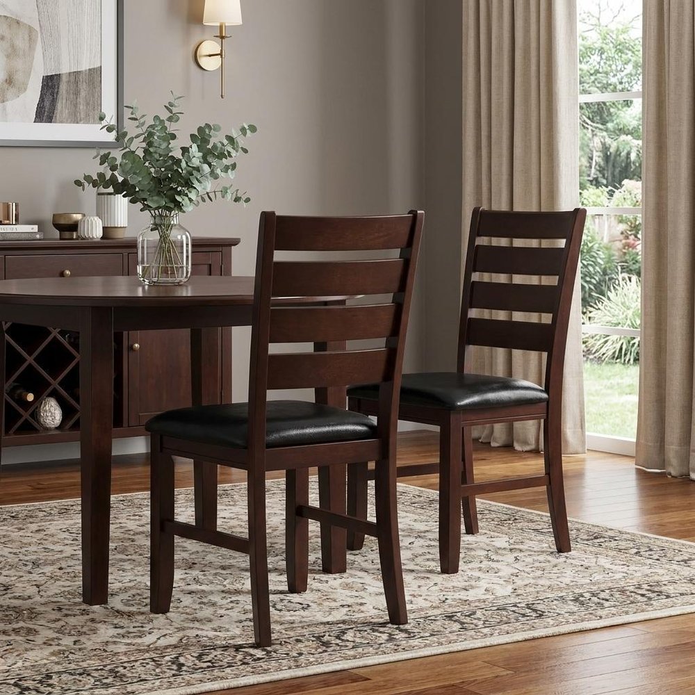 Set of Two Black And Brown Faux Leather Wood Slat Back Dining Side Chairs