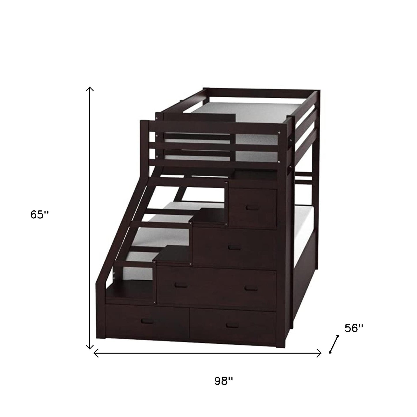 98" X 56" X 65" Espresso Pine Wood Bunk Bed (Twin/Full) With Trundle