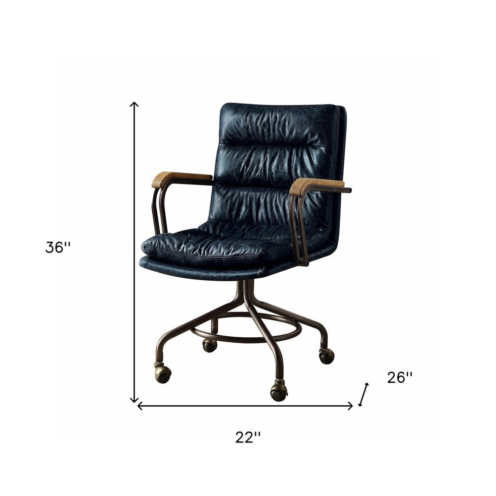 Navy Blue and Dark Brown Adjustable Swivel Leather Rolling Executive Office Chair