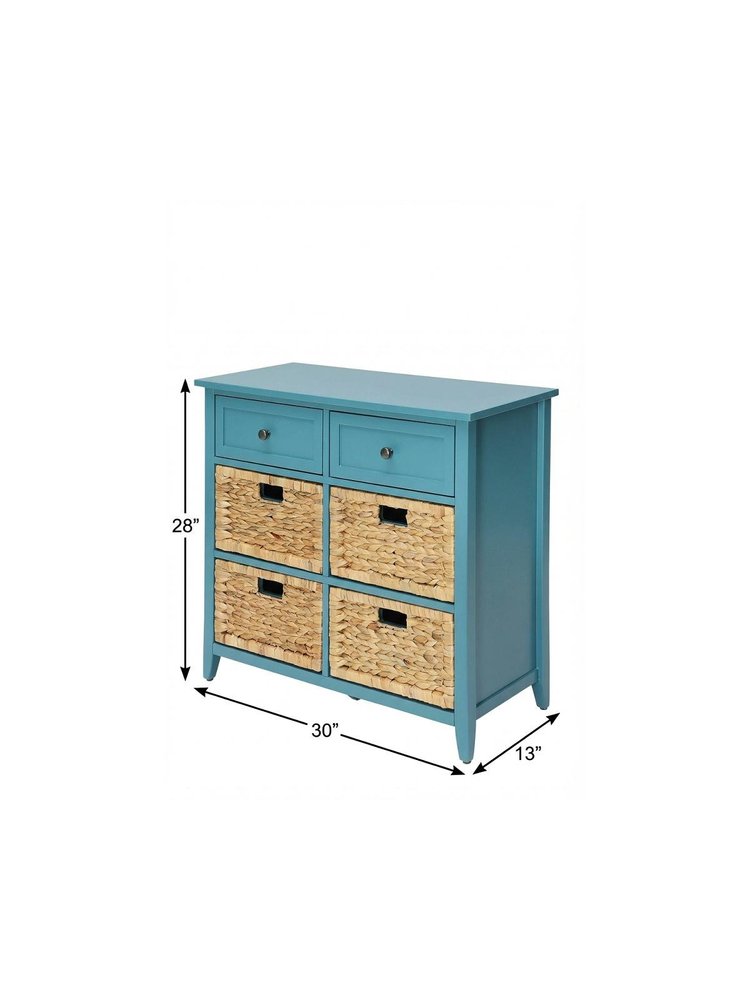 30" Teal Wood And Water Hyacinth Accent Cabinet With Six Drawers