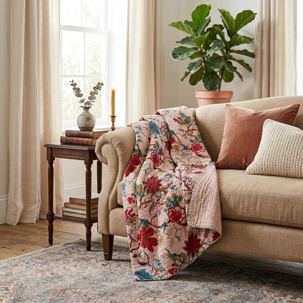 50" X 70" Pink and Red Kantha Cotton Floral Throw Blanket with Embroidery
