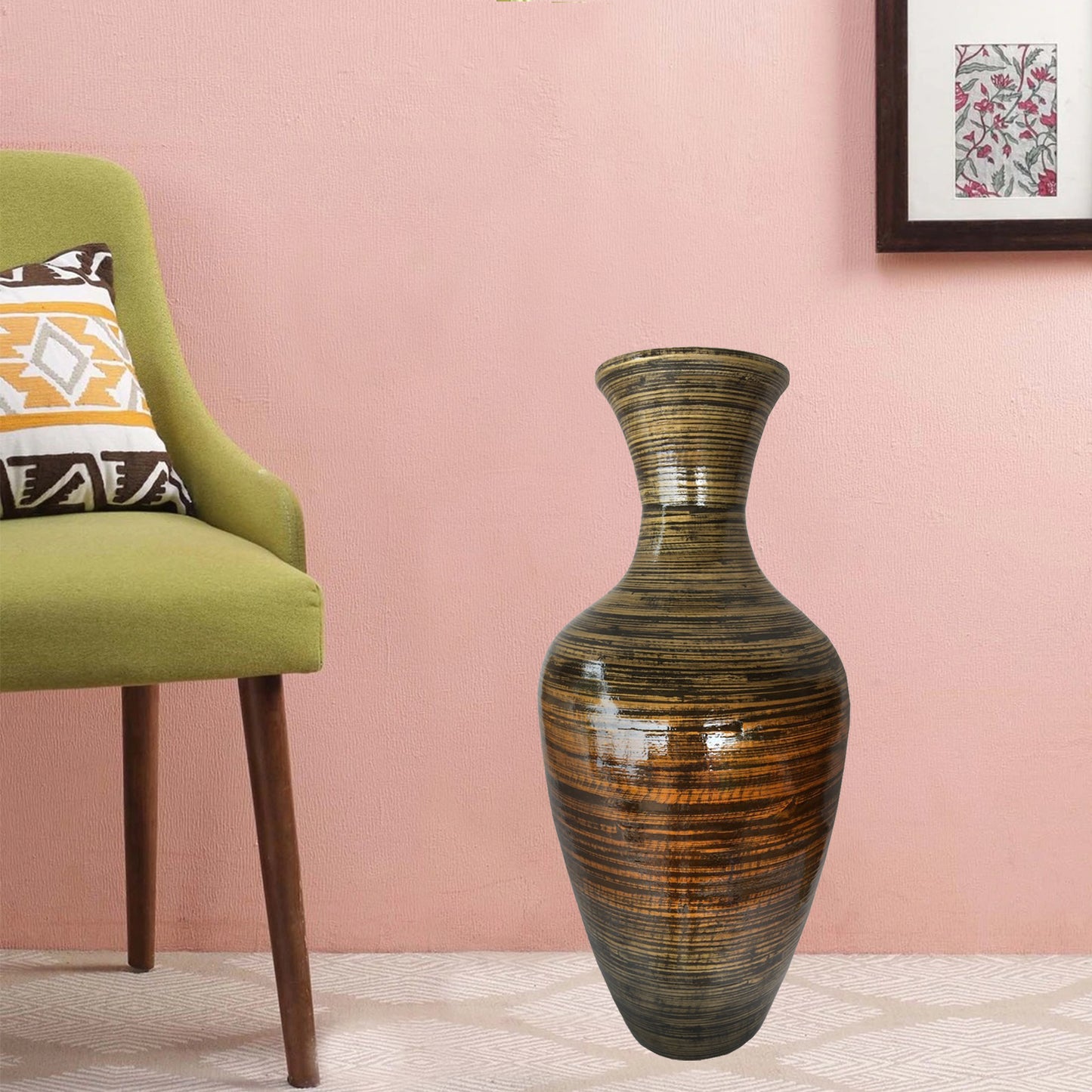 25" Black And Gold Striped Urn Bamboo Floor Vase
