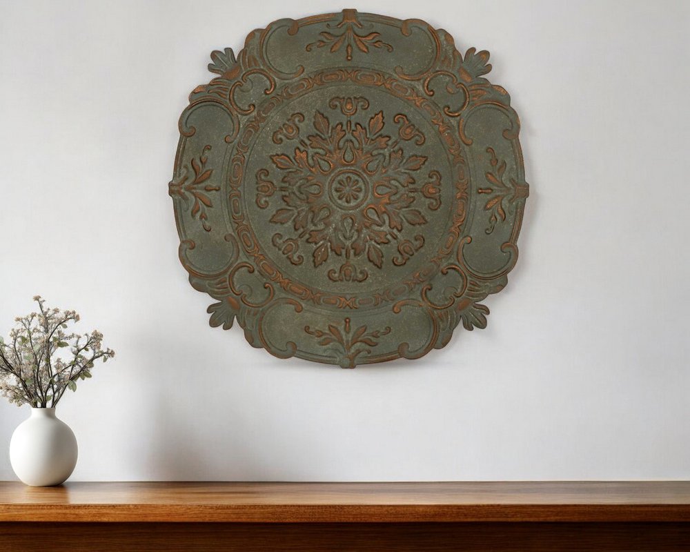 31" Distressed Green European Medallion Metal Wall Decor