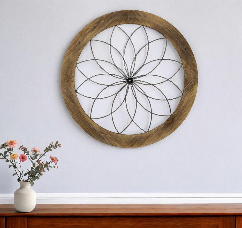 26" X 26" Light Brown Metal And Wood Circle Hanging Dimensional Sculpture