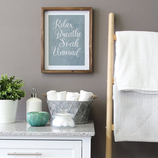 14" X 11" Relax Breathe Soak Unwind Brown Framed Bathroom Wall Art
