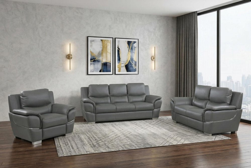 Three Piece Indoor Gray Genuine Leather Six Person Seating Set