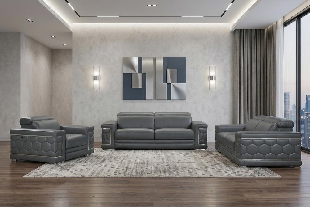 Three Piece Indoor Dark Gray Italian Leather Six Person Seating Set