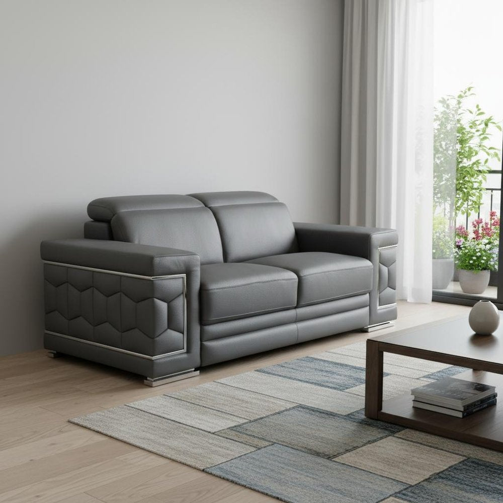 71" Gray And Silver Genuine Leather Love Seat