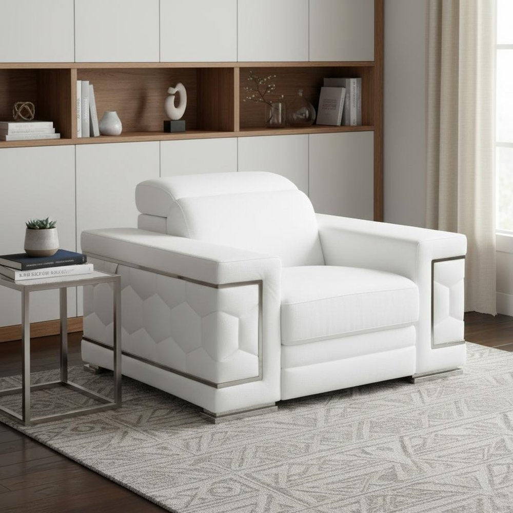 47" White And Silver Genuine Leather Arm Chair