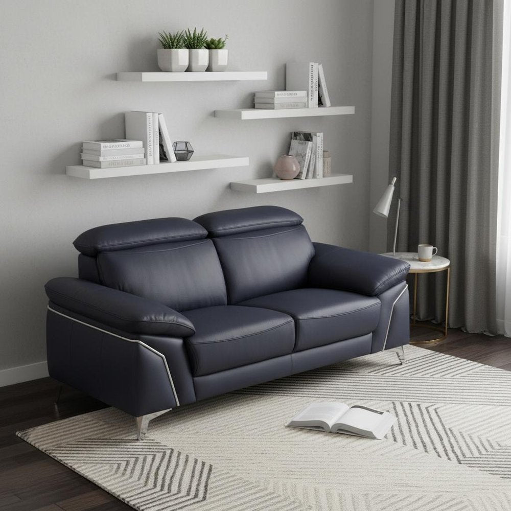 71" Navy Blue And Silver Genuine Leather Loveseat