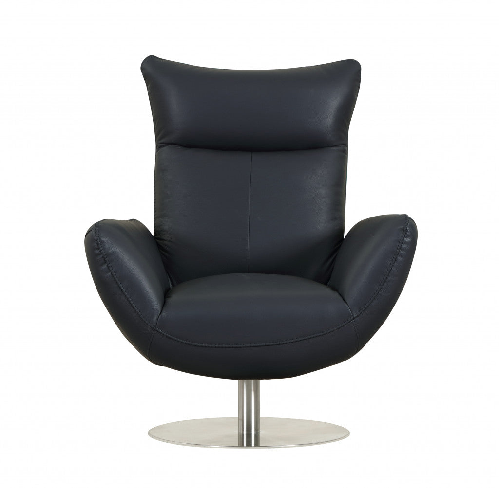 37" Blue And Silver Genuine Leather Lounge Chair