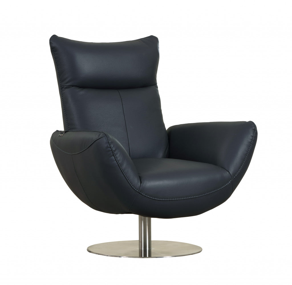 37" Blue And Silver Genuine Leather Lounge Chair