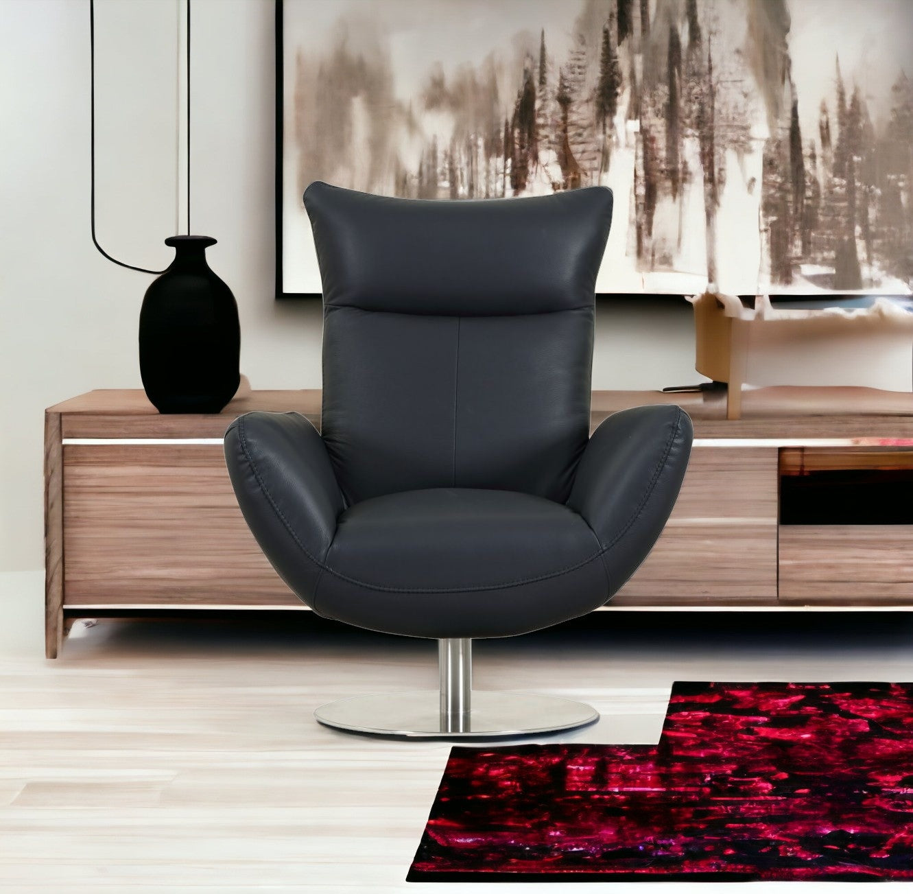37" Blue And Silver Genuine Leather Lounge Chair