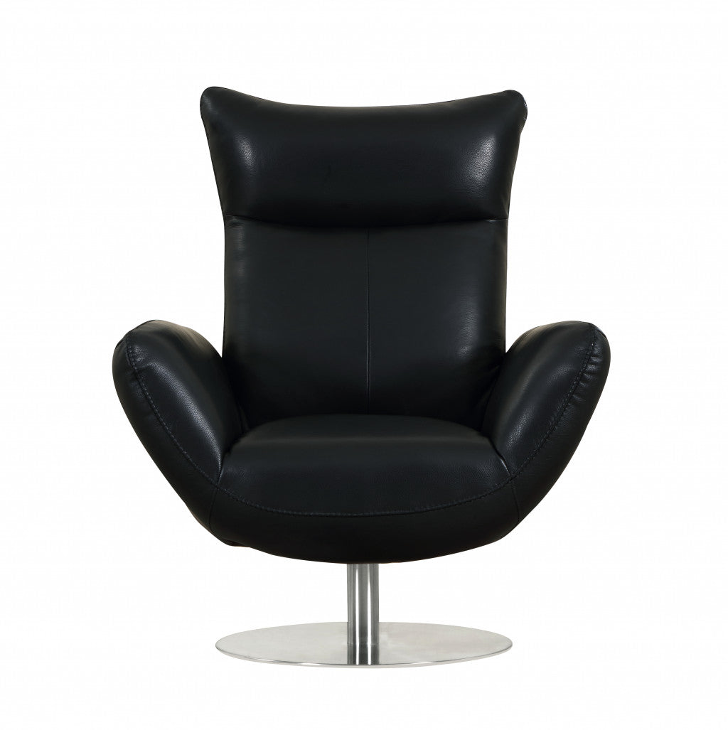 37" Black And Silver Genuine Leather Lounge Chair